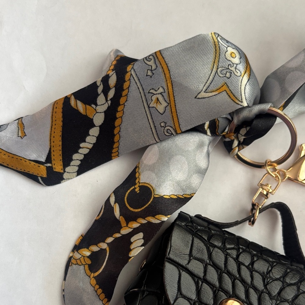 Stylish Black Textured bag Keychain/bag charm with Scarf Accent - Picture 4 of 6